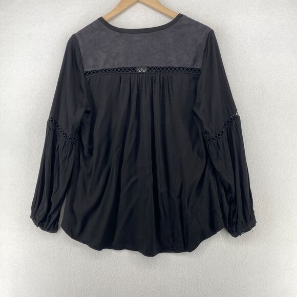 HALE BOB Top M Rosetta Suede Blouse Lace Trim V-Neck Long Sleeve Boho Black - Picture 2 of 11